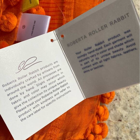 New Roller Rabbit for Gorsuch $200 Orange Silk Cotton Block Print Scarf Wrap NWT - Picture 4 of 15
